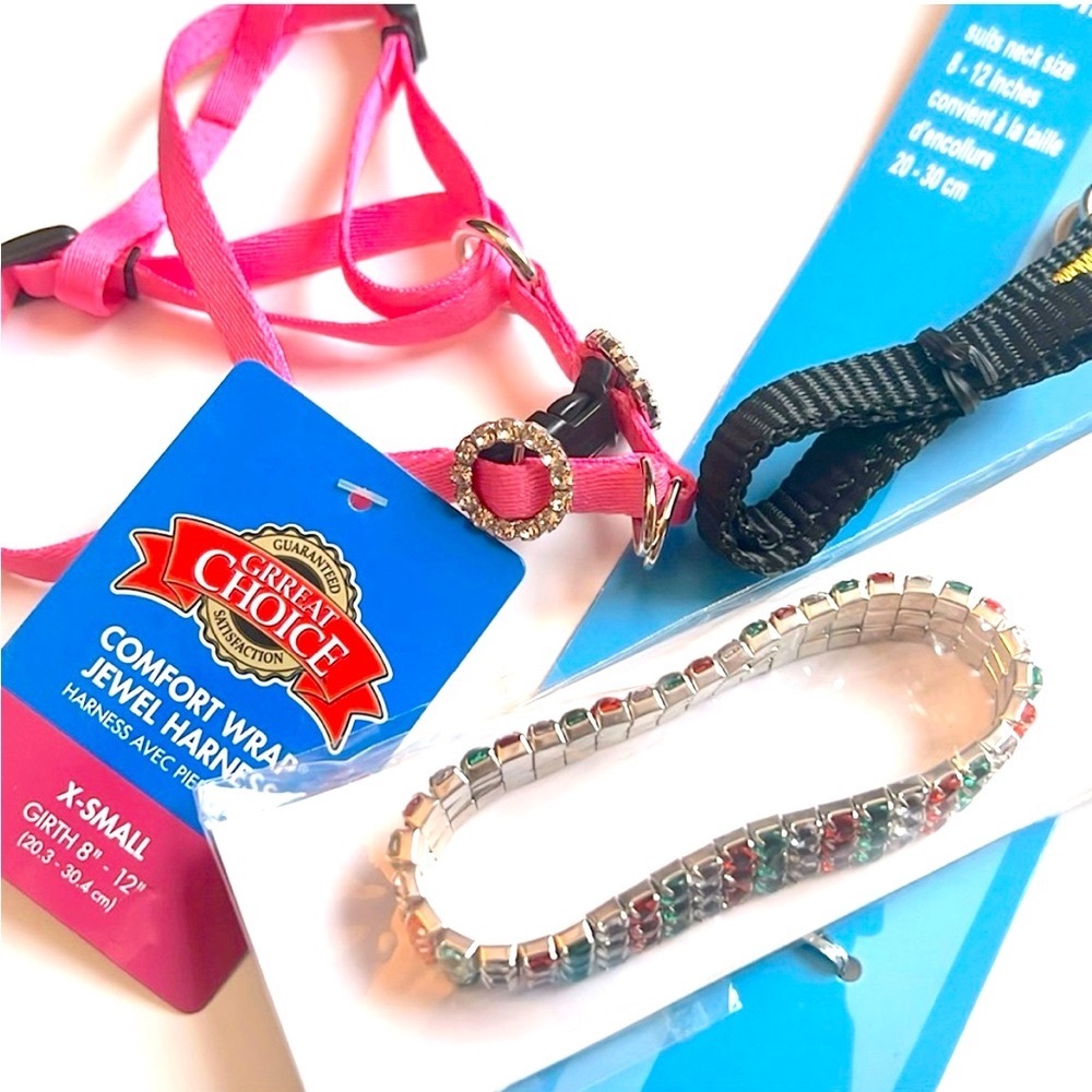 NWT Pink XS Comfort Wrap Jewel Harness, Xmas Rhinestone Collar, & Black Collar